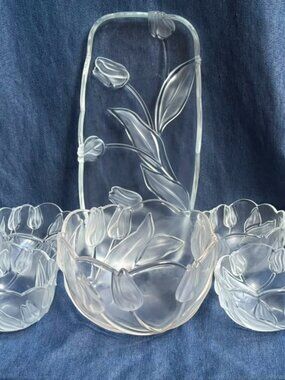 Vintage 1970s Walther Glas Germany Satin Tulip Crystal Dessert Salad Set 16" 6 P